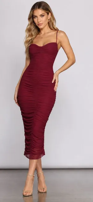 Windsor Burgundy Ruched Mesh Bodycon Midi Dress NWT XS Wine Red Cocktail Party thumbnail 1