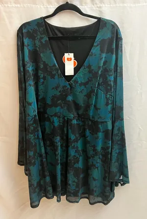 Cider Plus 4XL Teal Black Floral Mesh V-Neck Bell Sleeve Mini Dress NWT thumbnail 1