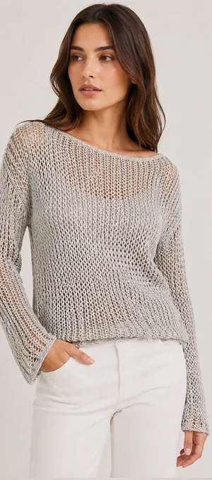 Diane Von Furstenberg Silver Metallic Open Knit Boat Neck Long Sleeve Sweater thumbnail 1