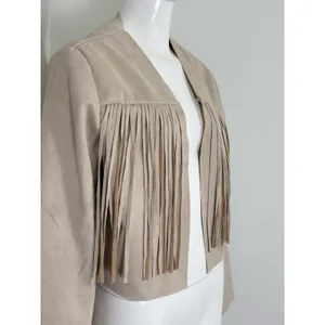 Women’s Boho Western Fringe Faux Suede Jacket Beige Festival Cowgirl Size L thumbnail 6