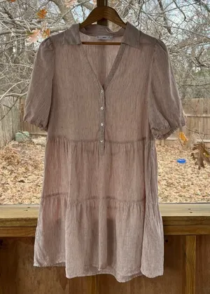 MNG Women's 100% Linen Brown Striped Mini Dress Size 6 thumbnail 1