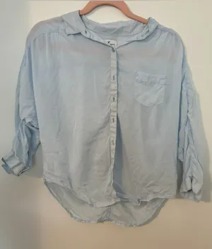 American Eagle Sky Blue Sheer Button Up Ruched Sleeves Blouse Top Size XS thumbnail 1