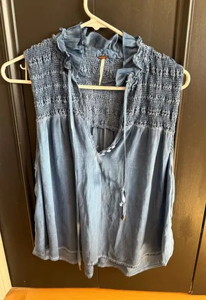 Free People Washed Denim Blue Smocked Ruffle Tie-Front Camisole thumbnail 1