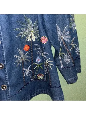 NEW Vintage Blue Jean Jacket Embroidered Palm Trees tropical resort cruise vacay thumbnail 7