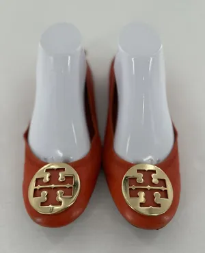 Tory Burch Flats Sz 8 Minnie Travel Orange Logo Office Classic Gold Logo Leather thumbnail 1