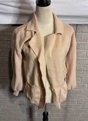 Peach Knit Button Front Cardigan‎ Sweater with Lapel Collar and Pockets Small thumbnail 1