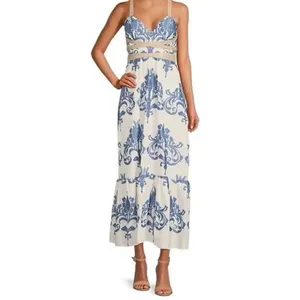 A Loves A Coastal Wrap Corset Dress Womens Size L Blue White Embroidered‎ Floral thumbnail 3