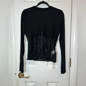 CoMMENSE Sheer Mesh Combination Long Sleeve Top Black Large Sold Out NWT thumbnail 9
