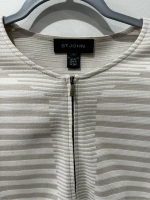 St John Size M Zip Sweater Jacket Wool Cream Stripe Luxury‎ thumbnail 2