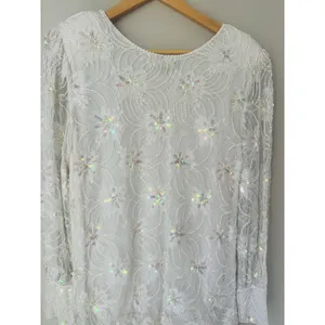 VTG Megere White Sequin Beaded‎ Dress M Long Sleeve Ruffle Hem Formal Wedding thumbnail 6