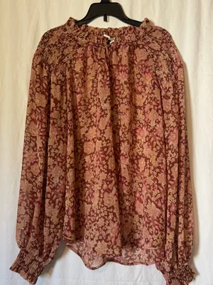 Joie Burgundy Pink Floral Lurex Smocked Blouse Size Large thumbnail 1