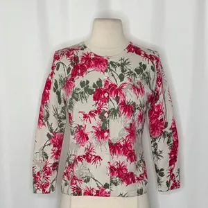 NEW!! GARNET HILL Merino Wool Cardigan‎ Sweater Floral Gray Pink Preppy Small thumbnail 3