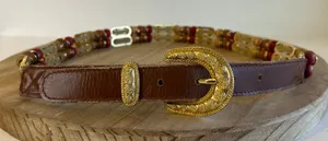 EXPRESS Vintage Brown Genuine Leather Beaded Weaved Link Gold Buckle Belt Size S/M thumbnail 1