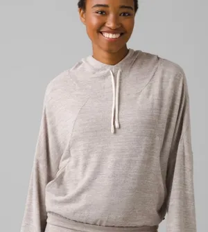 PrAna Unwind Lounge Top Oatmeal Heather large athleisure boxy cropped hoodie thumbnail 1