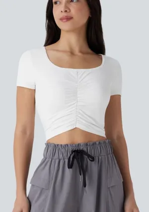 NWOT Halara White Square Neck Short Sleeve Ruched Cropped Top thumbnail 1