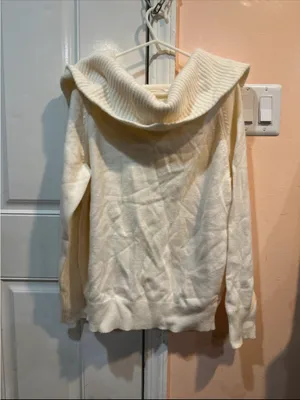 Uniqlo Cream Off-Shoulder Ribbed Cowl Neck Sweater thumbnail 2