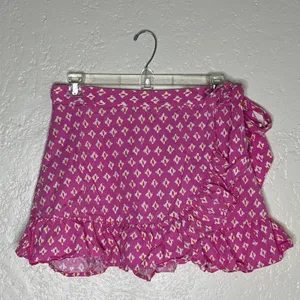 Aerie Women's Lip Gloss Pink Ikat Print Ruffle Wrap Mini Skirt‎ Linen Size Large thumbnail 2
