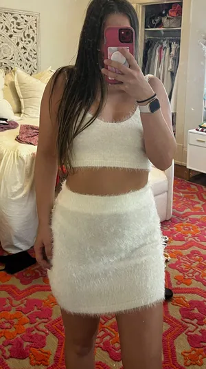 Olivaceous Boutique White Fuzzy Crop Top Skirt Set thumbnail 3