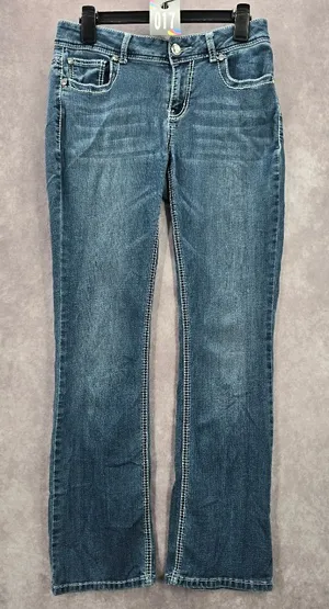 Blue Embroidered Stud Rhinestone Straight Leg Stitch Denim‎ Pants Jeans 10 thumbnail 1