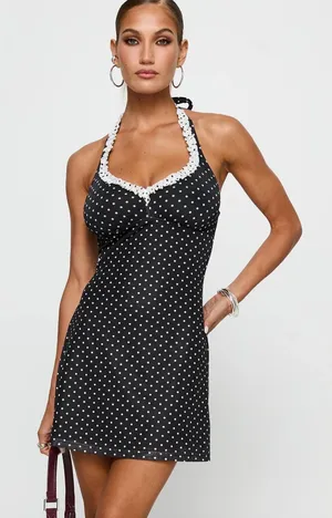 Princess Polly Black and White Polka Dot Halter Mini Dress NWT thumbnail 1