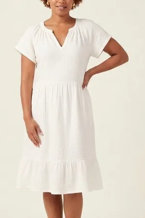 Pact Gauze Midi Dress 100% Organic Cotton Ivory V-Neck Ruffle Hem Tie Back XL thumbnail 1