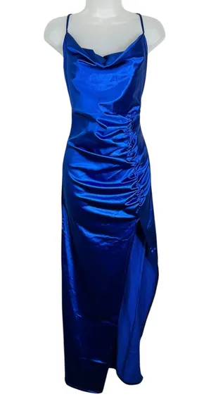Liz & Sara Royal Blue Shiny Satin Ruched High Leg Slit Party Dress Large L Prom thumbnail 1
