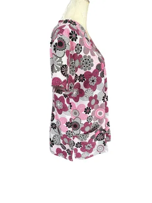 Women's pink, white, gray, black floral short sleeve v-neck scrub top size L thumbnail 3