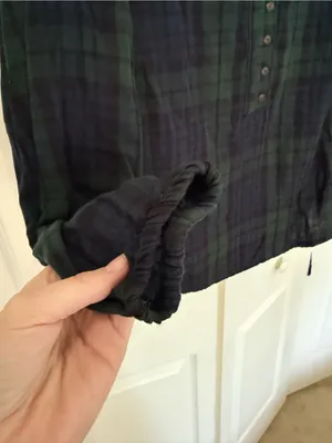 L.L. Bean Green Blue Plaid Tartan Blouse Peasant Top 100% Cotton Size Medium thumbnail 4