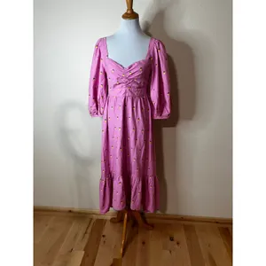 Farm Rio Pink Linen Embroidered Pineapples Tiered Midi Dress SMALL thumbnail 2