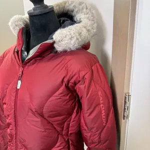Salomon Women's Down Filled Quilted Winter Coat Jacket Faux Fur Trim Hood‎ Red M thumbnail 2