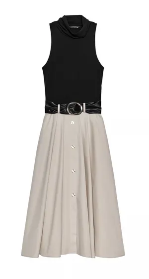 Zara Black & Cream Sleeveless Maxi Dress with Gloss Belt thumbnail 1