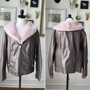 NWT Midnight Velvet Metallic Taupe Faux Leather Moto Jacket Pink Faux Fur Collar thumbnail 2