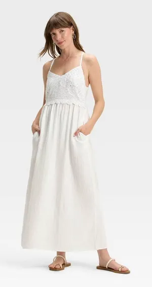 Universal Threads Small Crochet Trim Maxi Sundress Halter Gauze Beachy Resort thumbnail 1
