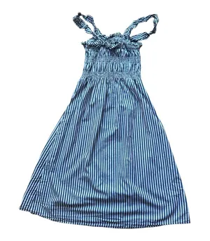 WHO WHAT WEAR Striped Smocked Maxi Dress Blue White Tie Strap Cotton XS thumbnail 1