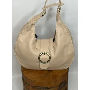 Donald J Pliner Beige Pebbled Leather Whipstitch Hobo Shoulder Bag Brass Ring thumbnail 4