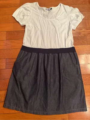 POL White Short-Sleeve Mixed-Media Dress with Denim Skirt Size Large Like New thumbnail 2
