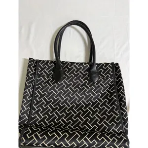 Tommy Hilfiger Monogram Tote Bag Black White Geometric Stripe Gold Buckle Charm thumbnail 5