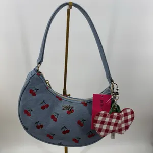 Betsey Johnson Denim Cherry Embroidered Heart Charm Gingham Shoulder Bag NWT thumbnail 1
