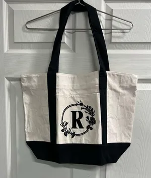 Ivory Canvas Tote Bag with “R” Initial and Black Handles - NWOT thumbnail 1