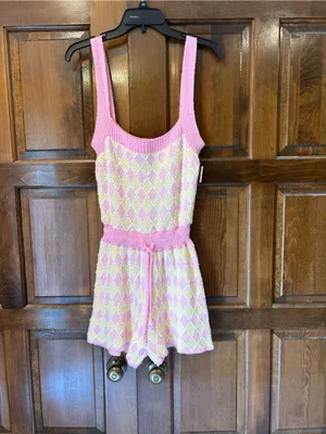 NWT Intimately Free People Dream Diamonds Romper Pink Yellow Argyle Knit Small S thumbnail 3