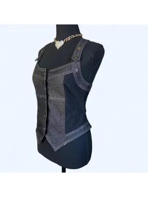 Vintage Y2K Jacqueline Riu Dark Academia Denim Corset Waistcoat Size Medium 💙 thumbnail 5