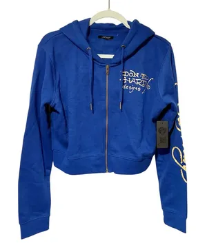 Ed Hardy‎ Blue Tiger Lotus Cropped Hoodie Blue Long Sleeve Full Zip Size XL NEW thumbnail 1