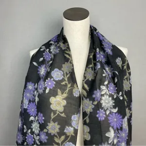 Vivante Scarf Floral Gray Gauzy Viscose Wool‎ FLAWS NWT Raw Edge Fringe Boho thumbnail 3
