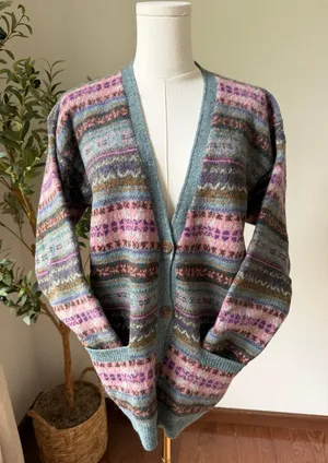 Vintage Eddie Bauer 100% Wool Cardigan Sweater Fair Isle Nordic Medium Cabin Ski thumbnail 1