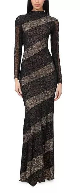 Alice + Olivia Black Nude Size 4 Lace Panel Long Sleeve Fitted Maxi Dress Gown thumbnail 1
