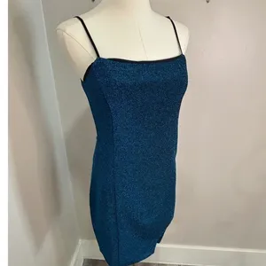 Lulus Blue Glitter Mini Dress Spaghetti Strap Square Neck NWT M Zipper‎ Broken thumbnail 3