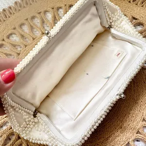 Vintage Small Ivory Pearl Glass Bead Butterfly Design Kiss Lock Bridal Clutch thumbnail 5