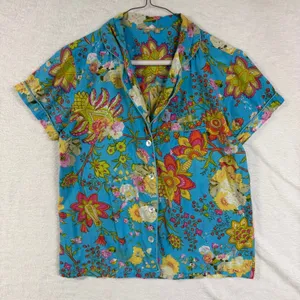 Floral‎ M Blue Print 100% Cotton Pajama Top Short Sleeve Pearl Button India Boho thumbnail 1