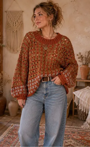 Handmade Rust Orange Tan Open Knit Crochet Sweater Large Boho Oversized Pullover thumbnail 1