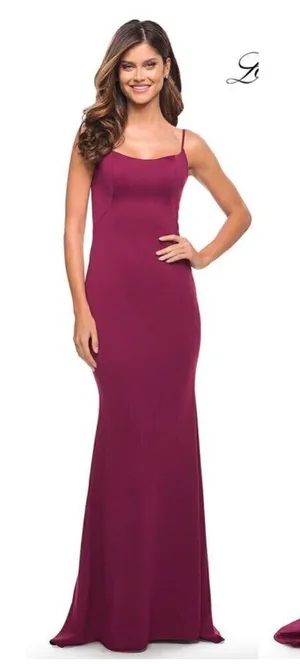 LA FEMME Simple Elegant Long Jersey Dress with Scoop Neck in Burgundy thumbnail 1